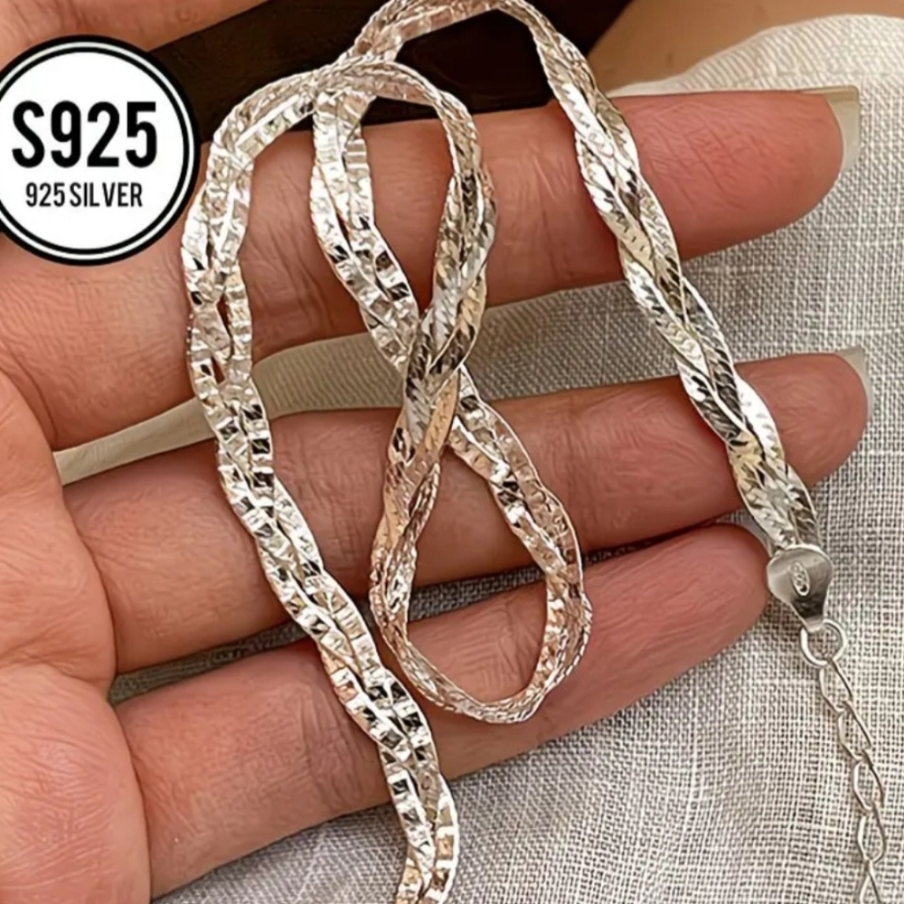 Adjustable Elegant S925 Silver Herringbone Braided Necklace - Picture 11 of 12